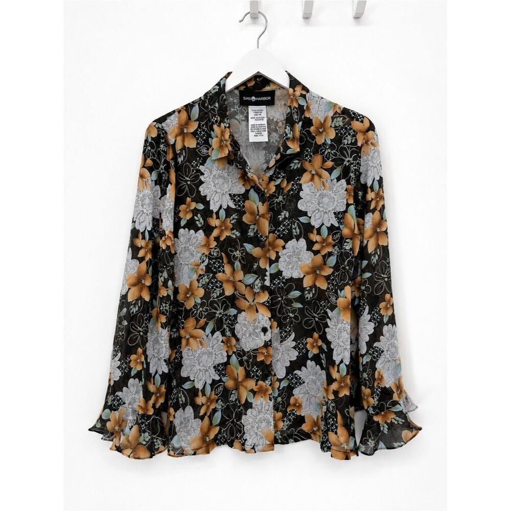 Sag Harbor Sheer Floral Button Front Blouse Top Size 14 Ruffle Y2k